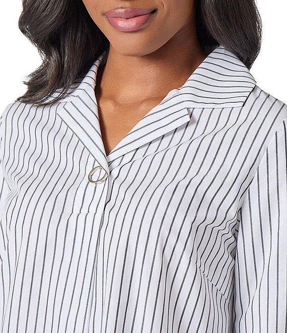 Ming Wang Pinstripe Notch Collar Long Sleeve Top Product Image