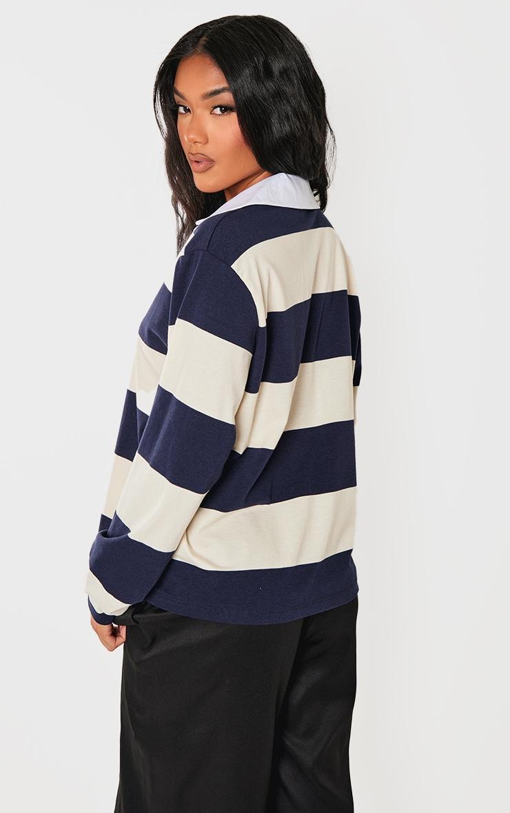 Navy Striped Collar Detail Long Sleeve T Shirt Product Image