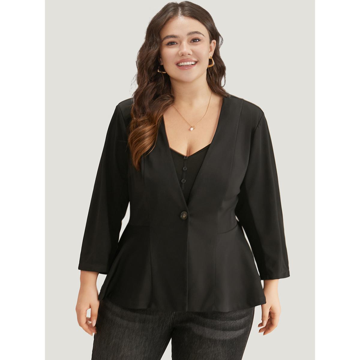 Plus Size Plain Button Up Ruffle Hem Blazer Black Women Dailywear Plain Plain Sleeve Long Sleeve V-neck 22-24/3X Casual Blazers BloomChic Product Image