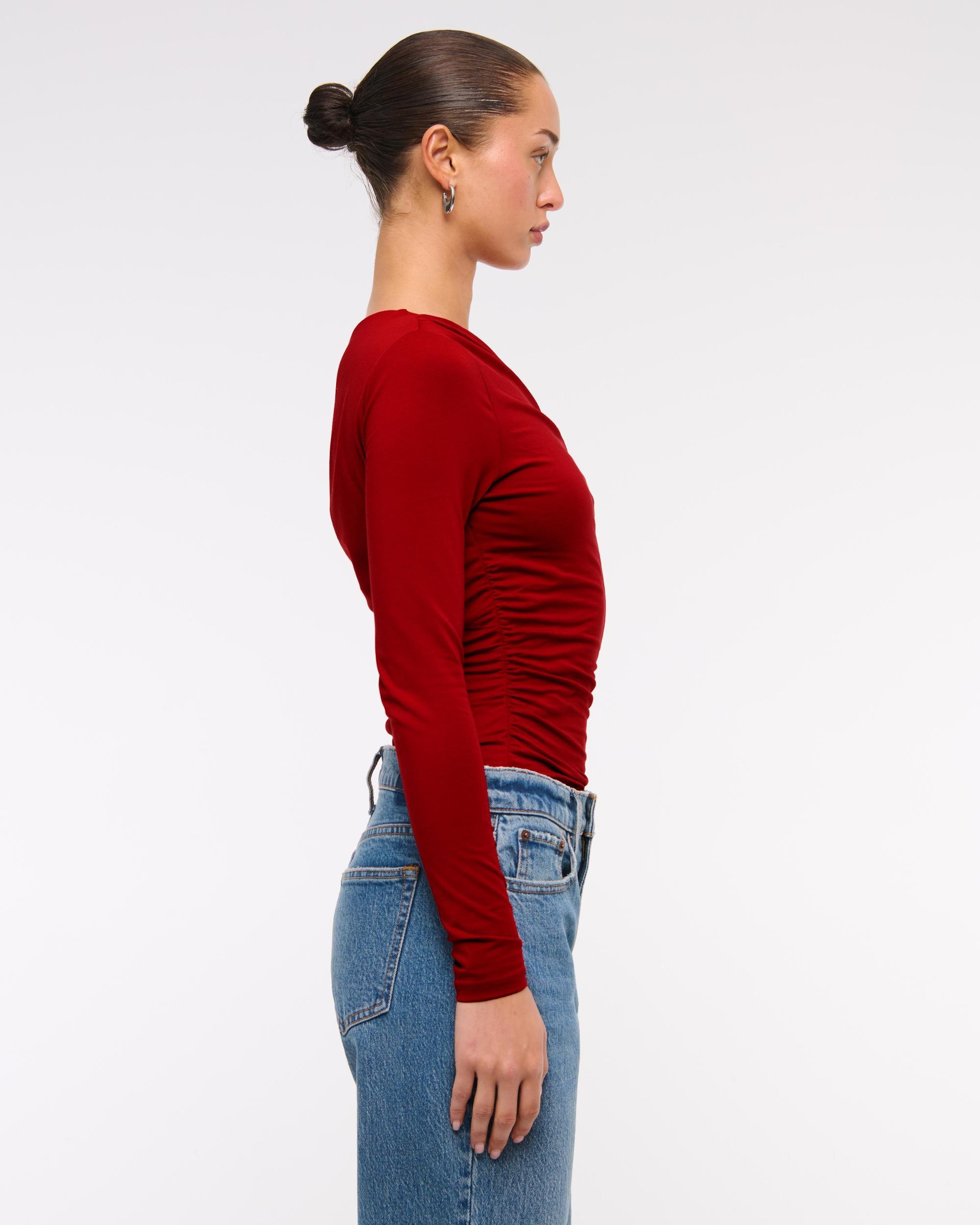Long-Sleeve Velvet Asymmetrical Draped Top Product Image