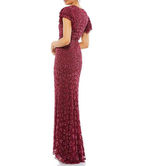 Mac Duggal Beaded Short Flutter Sleeve Crew Neck Sheath Gown Product Image