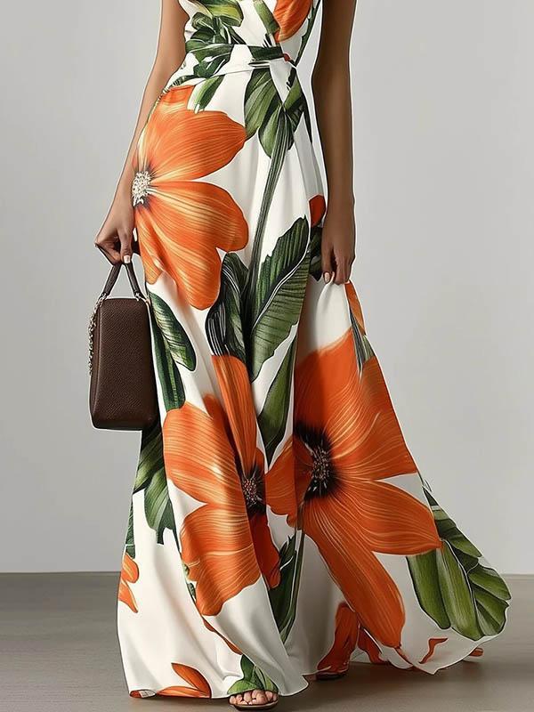 Loose Sleeveless Floral Printed Split-Joint V-Neck Evening Dresses Maxi Dresses Product Image