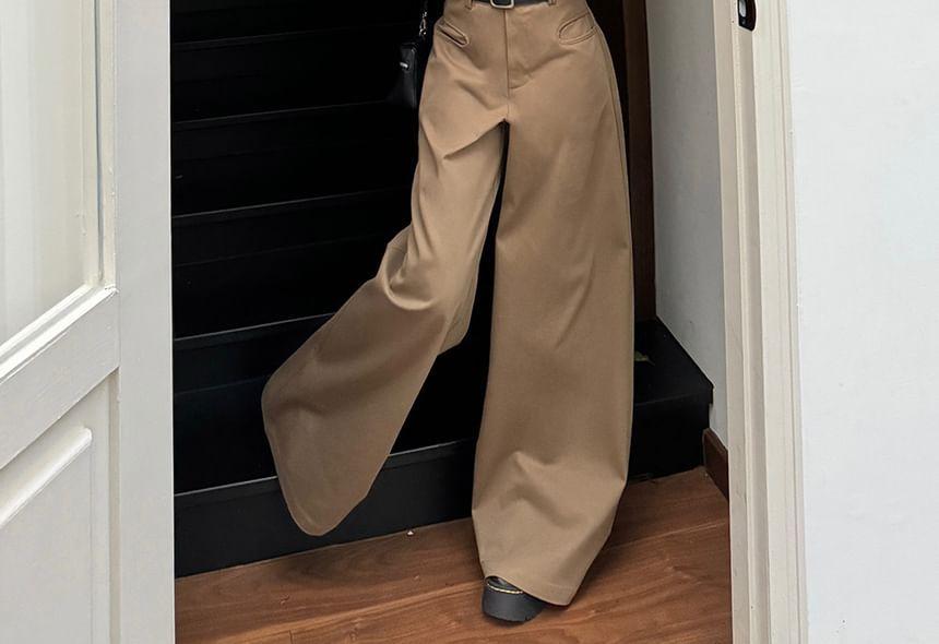 Long-Sleeve V-Neck Plain Slim Fit Knit Top / High Rise Wide Leg Pants Product Image