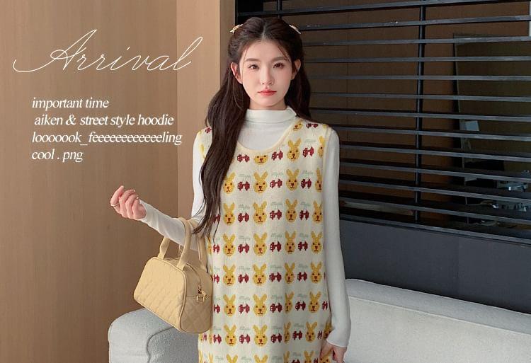 Sleeveless Crew Neck Rabbit Print Slit Knit Midi Overall Dress Product Image
