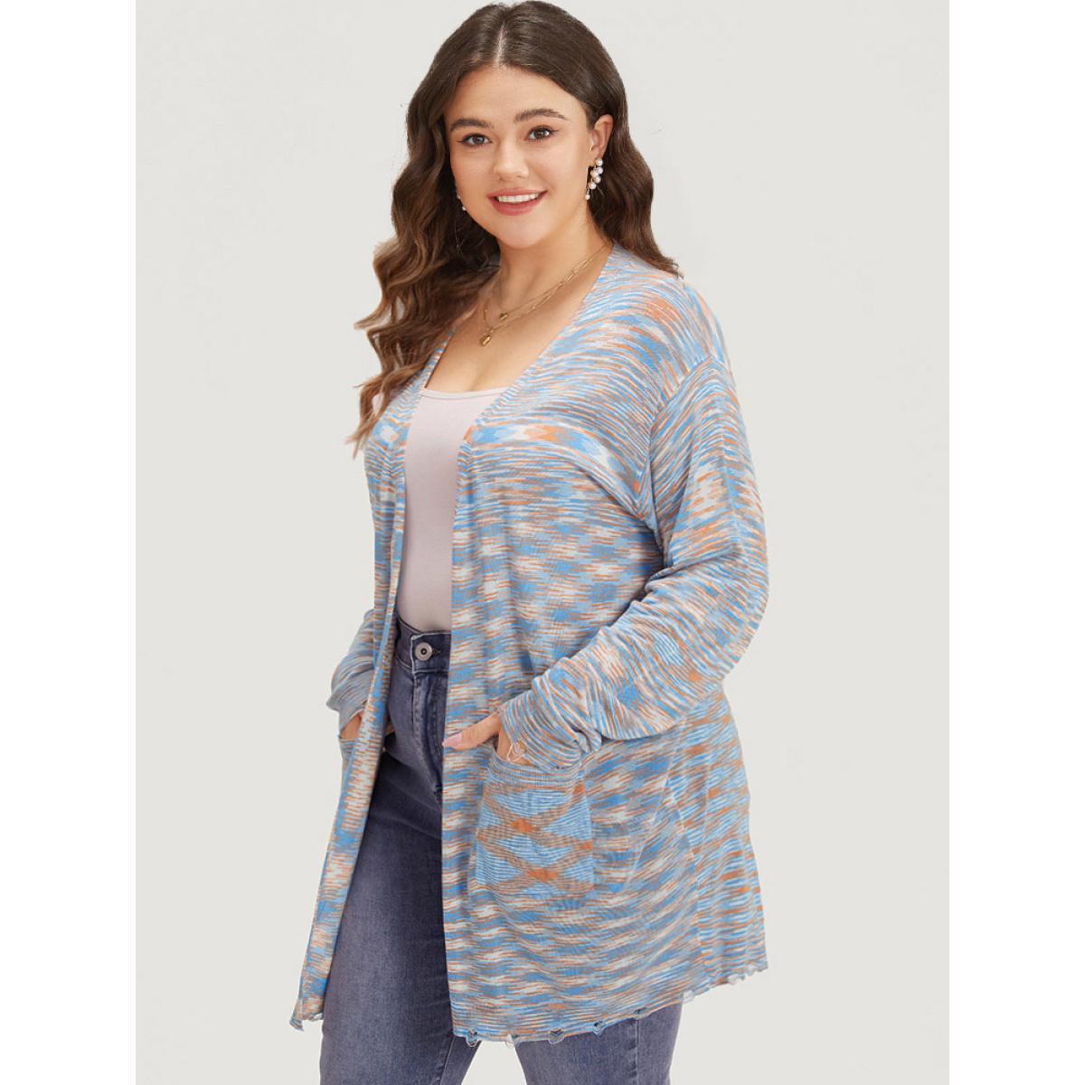 Plus Size Ombre Pocket Open Front Ripped Hem Cardigan Multicolor Women Casual Loose Long Sleeve Everyday Cardigans BloomChic 28/5X Product Image