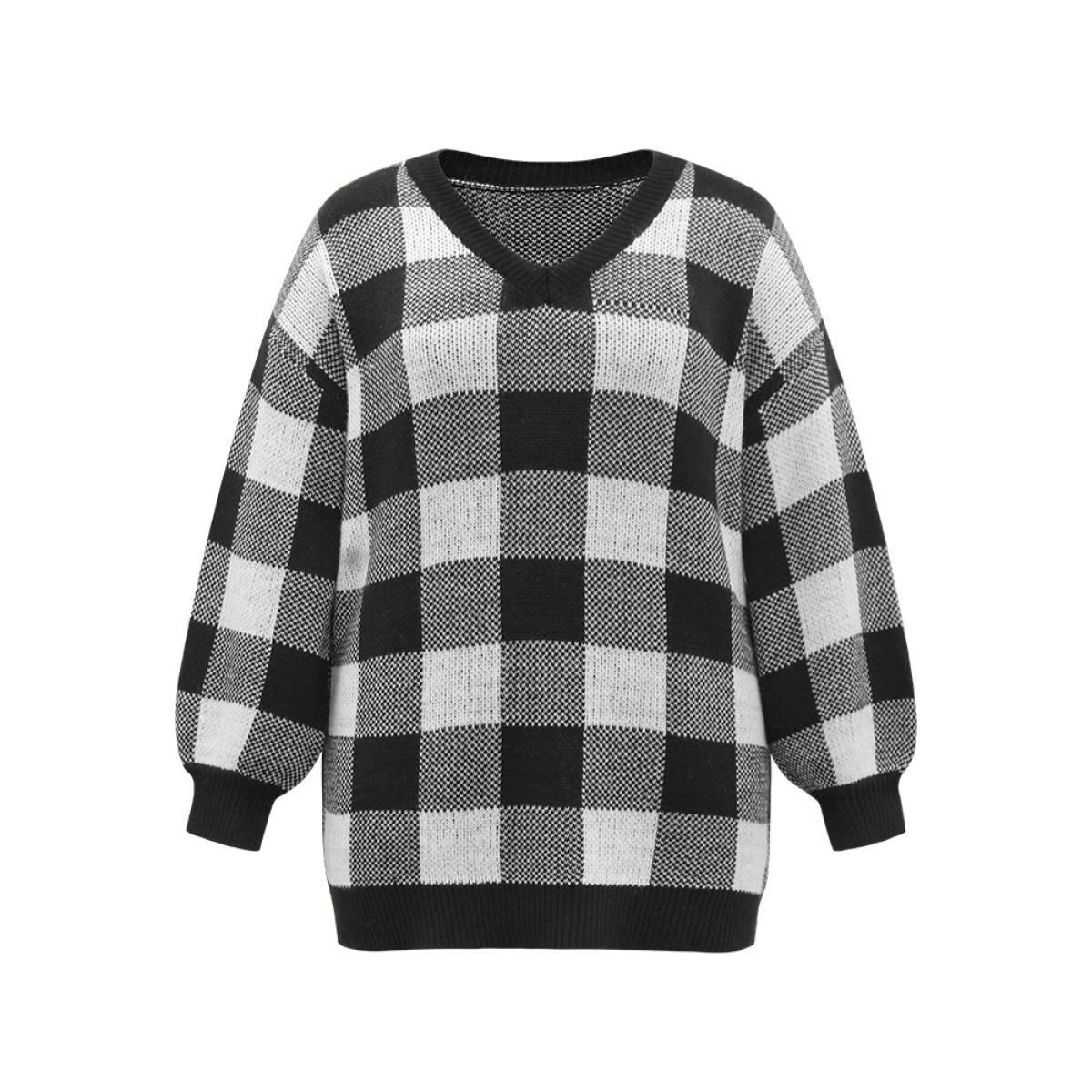 Plus Size V Neck Plaid Elastic Cuffs Pullover Black Women Casual Loose Long Sleeve V-neck Dailywear Pullovers BloomChic 18-20/2X Product Image