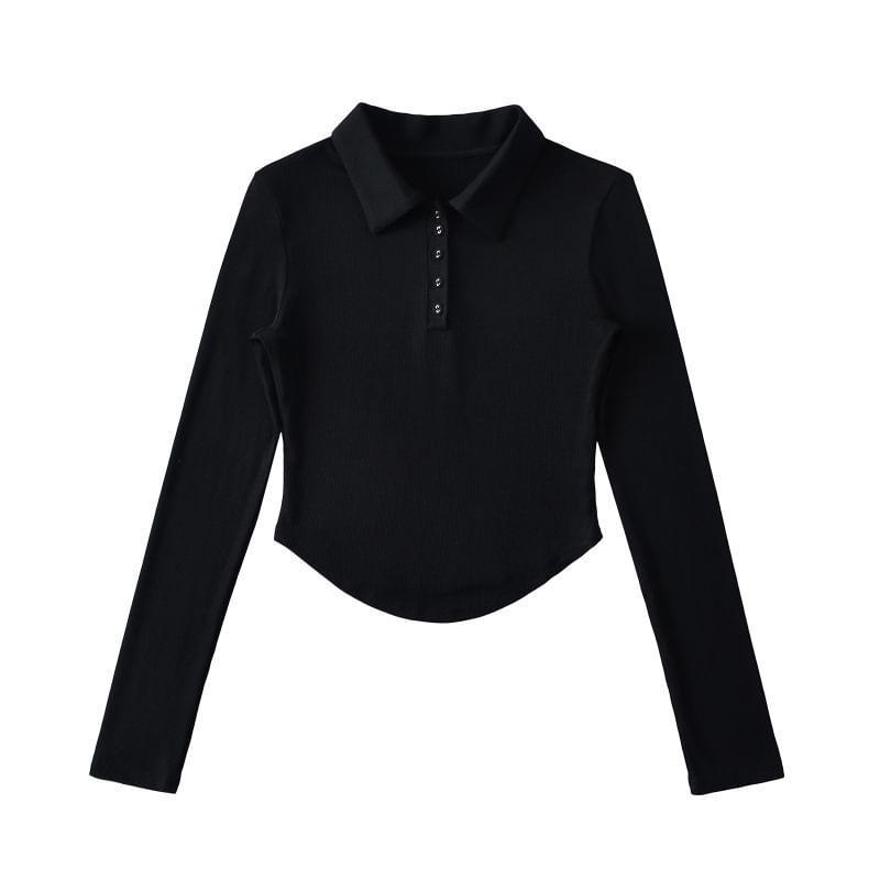 Long-Sleeve Plain Polo Shirt Product Image