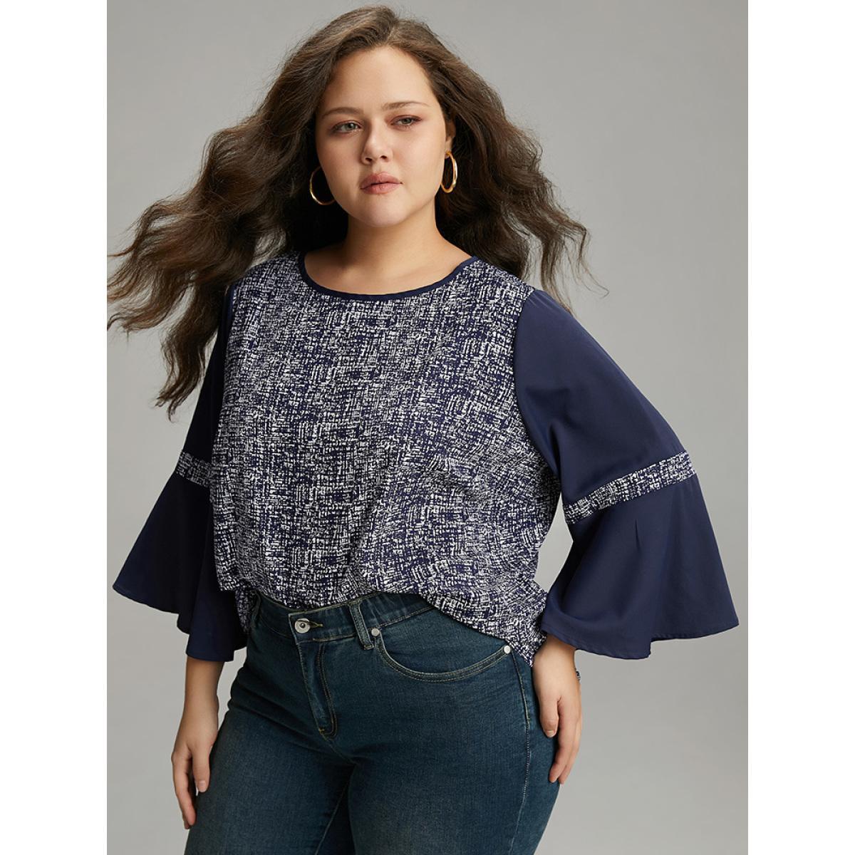 Plus Size DarkBlue Patchwork Crew Neck Ruffle Sleeve Blouse Women Vacation Long Sleeve Round Neck Dailywear Blouses BloomChic 12/L Product Image