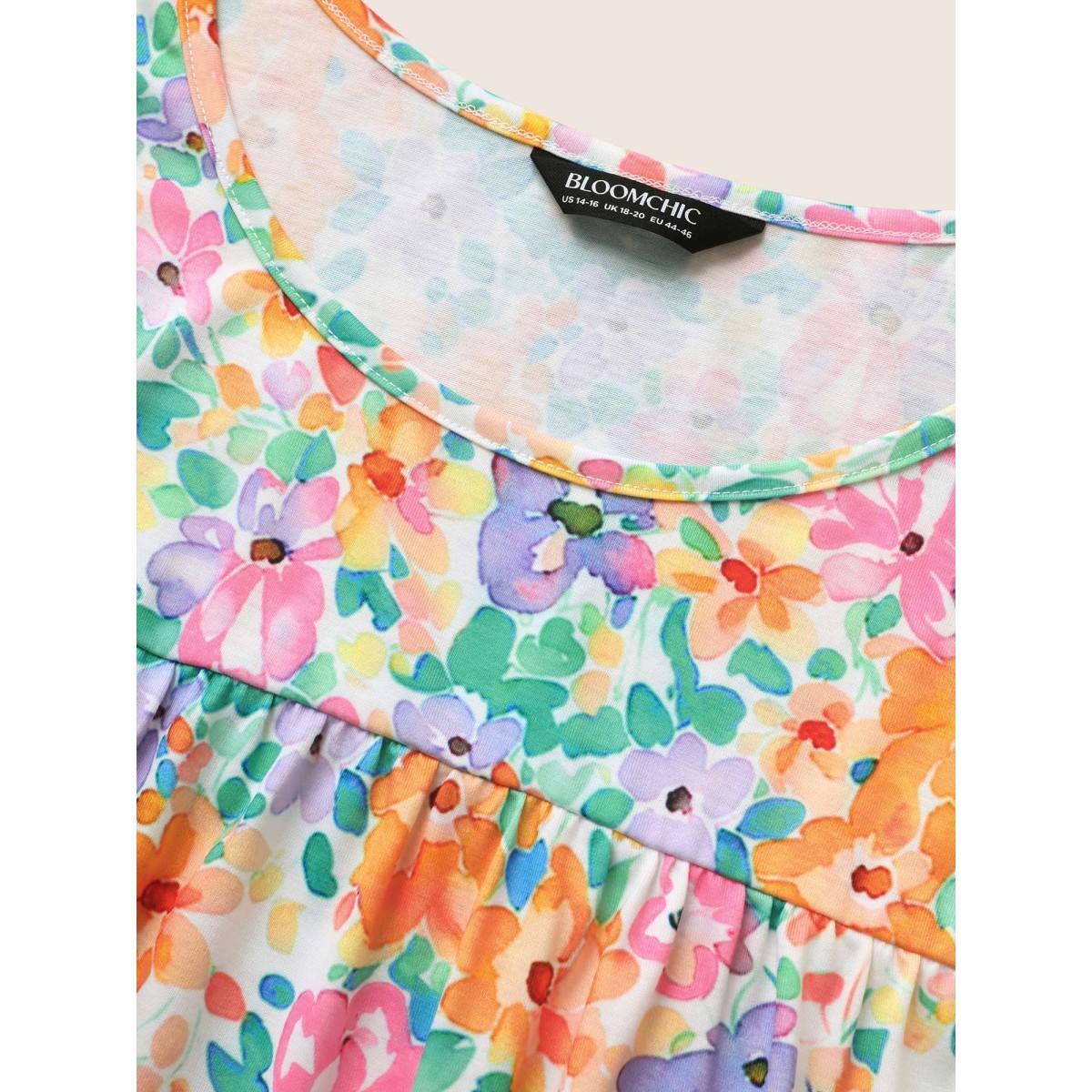 Plus Size Crew Neck Colored Floral Gathered T-shirt Multicolor Women Elegant Contrast Natural Flowers Round Neck Everyday T-shirts BloomChic 14-16/1X Product Image