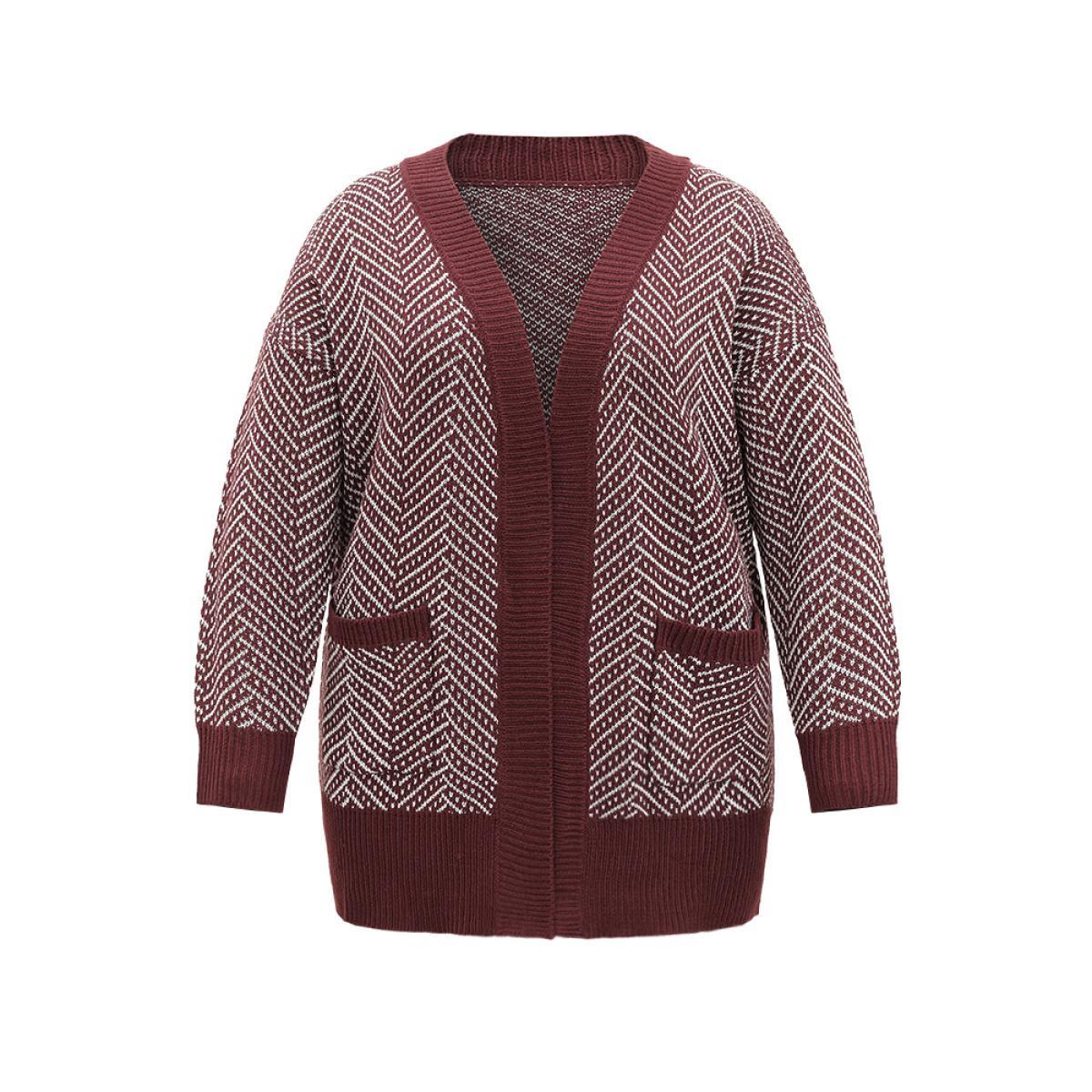 Plus Size Jacquard Open Front Pocket Loose Cardigan Maroon Women Casual Loose Long Sleeve Dailywear Cardigans BloomChic 12/L Product Image