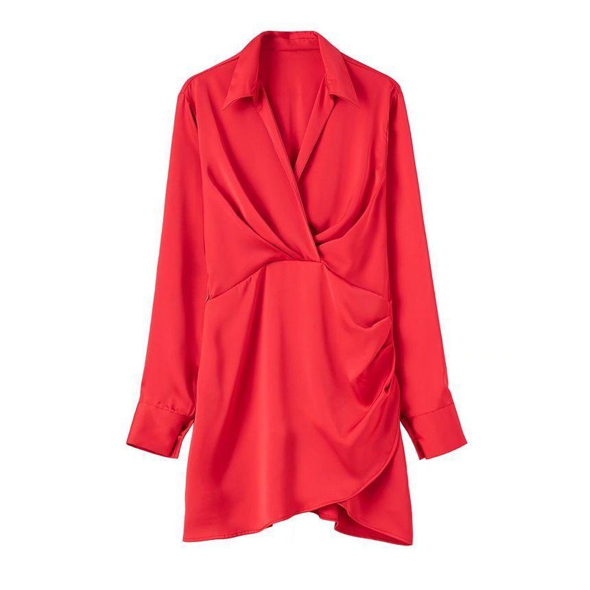 Long-Sleeve Plain Mini Bodycon Shirt Dress Product Image