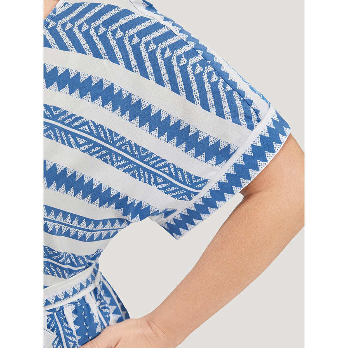 Plus Size Striped Geo Pocket Belt Pocket Layered Hem Dress LightBlue Women Vacation Tiered Round Neck Short sleeve Curvy Knee Dress BloomChic 14-16/1X Product Image