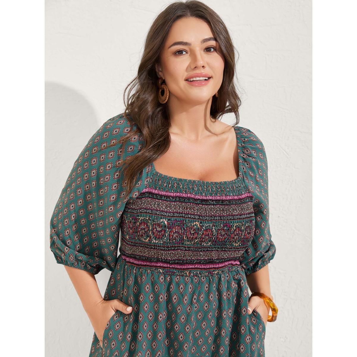 Plus Size Paisley Print Shirred Bodice Midi Dress Teal Women Square Neck Elbow-length sleeve Curvy BloomChic 18-20/2X Product Image