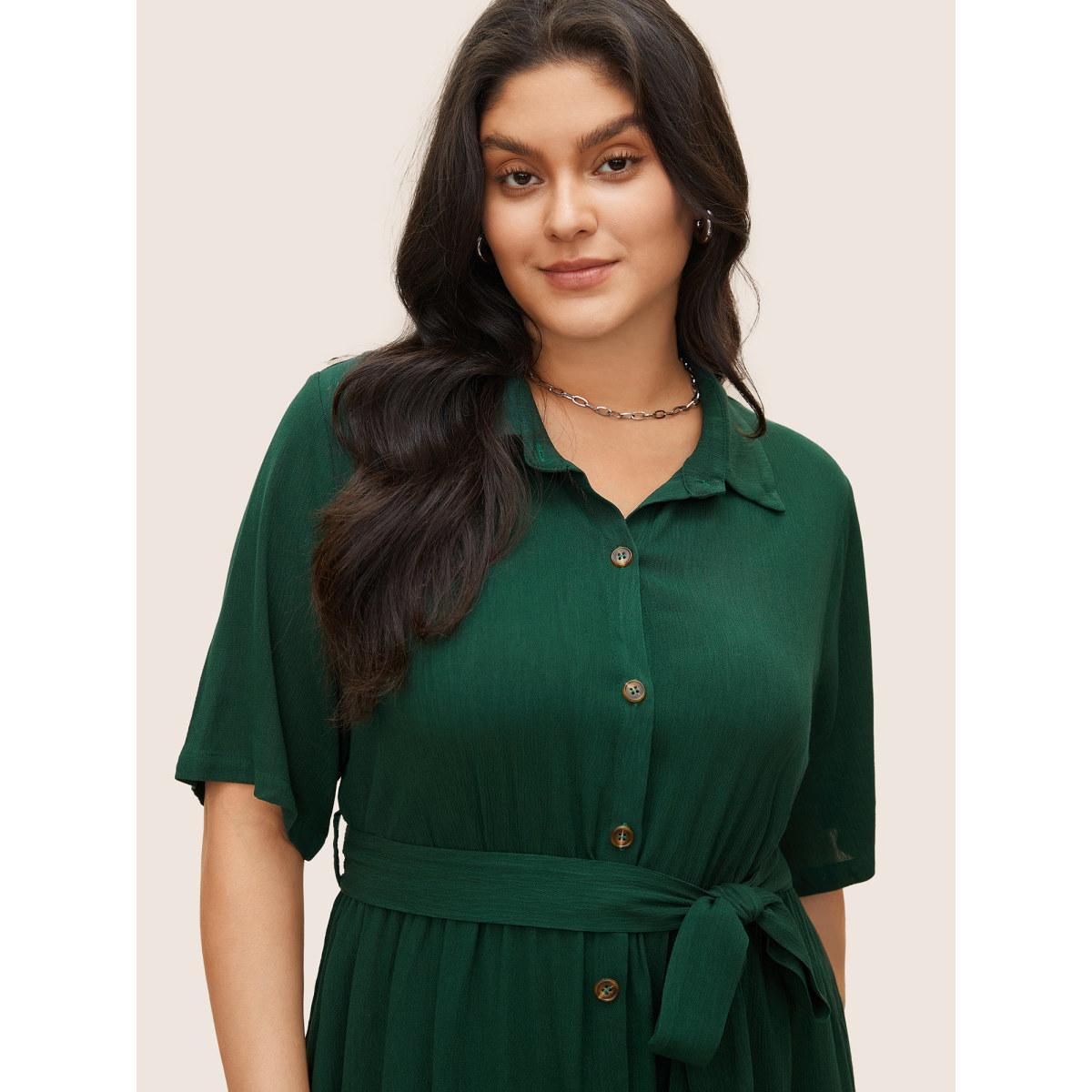 Belted Shirt Collar Button Plus Size Shirtdress Women Workleisure Plain Sleeve Short Sleeve Shirt Collar Pocket Workwear Long Dress BloomChic Product Image