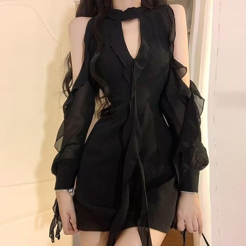Long Sleeve Cold Shoulder Keyhole Neck Ruffle Trim Bodycon Mini Dress Product Image