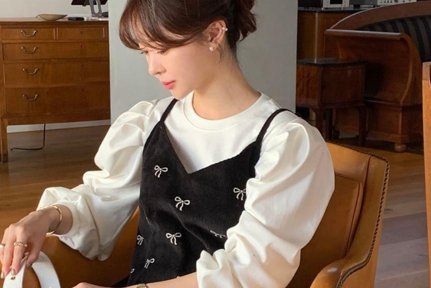 Puff Sleeve Round Neck Plain Top / Spaghetti Strap V-Neck Bow Print Corduroy A-Line Dress Product Image