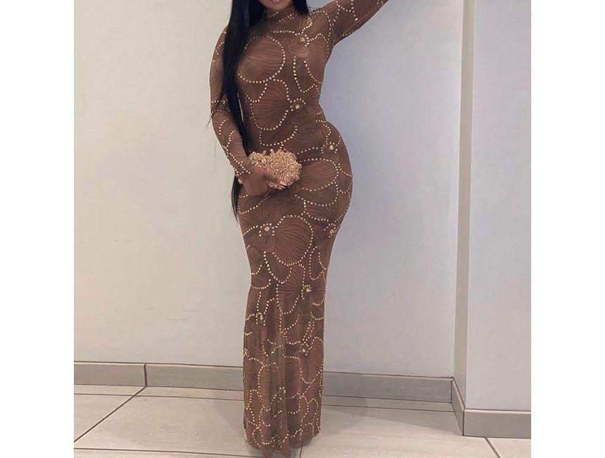 Long-Sleeve High Neck Sequined Floral Midi Mesh Bodycon Dress Product Image