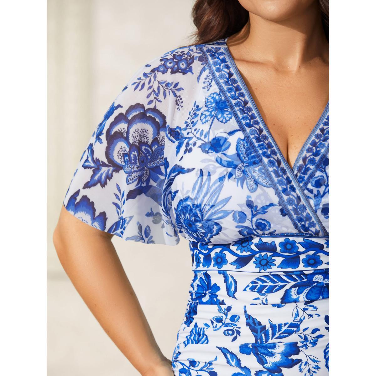 Plus Size Ruched Sheer Floral One-Piece Swimsuit Women's Swimwear Indigo Beach Gathered Curve Bathing Suits High stretch One Pieces BloomChic 14-16/1X Product Image