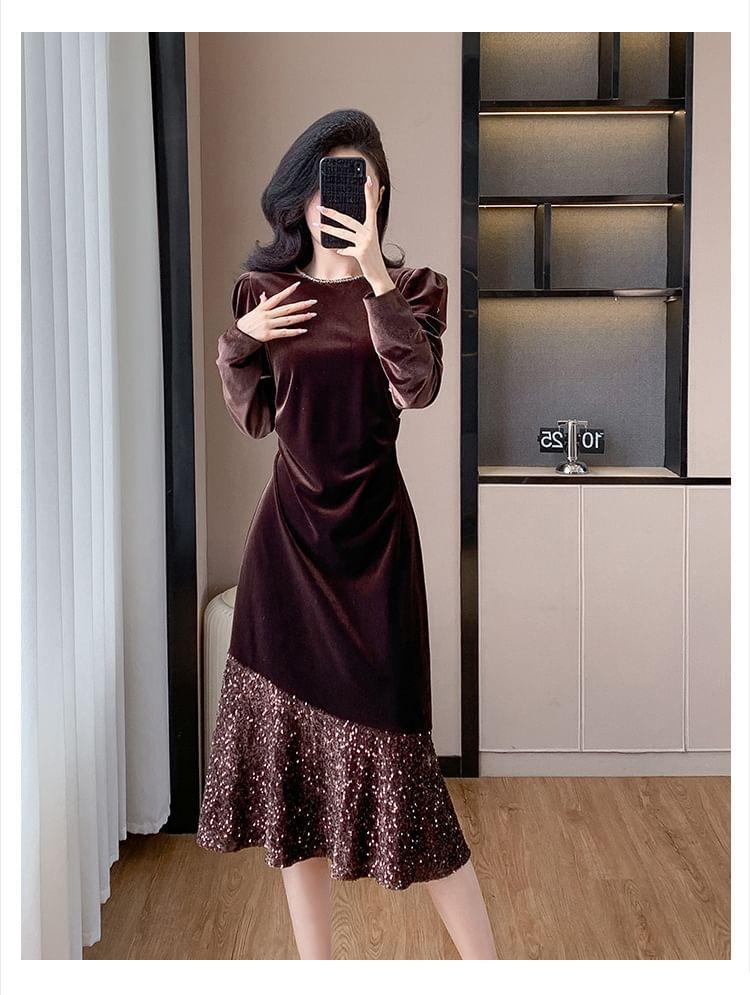Long Sleeve Round Neck Velvet Sequin Hem Midi A-Line Dress Product Image