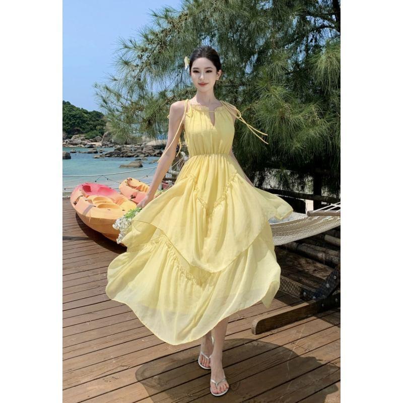 Sleeveless Chiffon Plain Maxi A-Line Dress Product Image