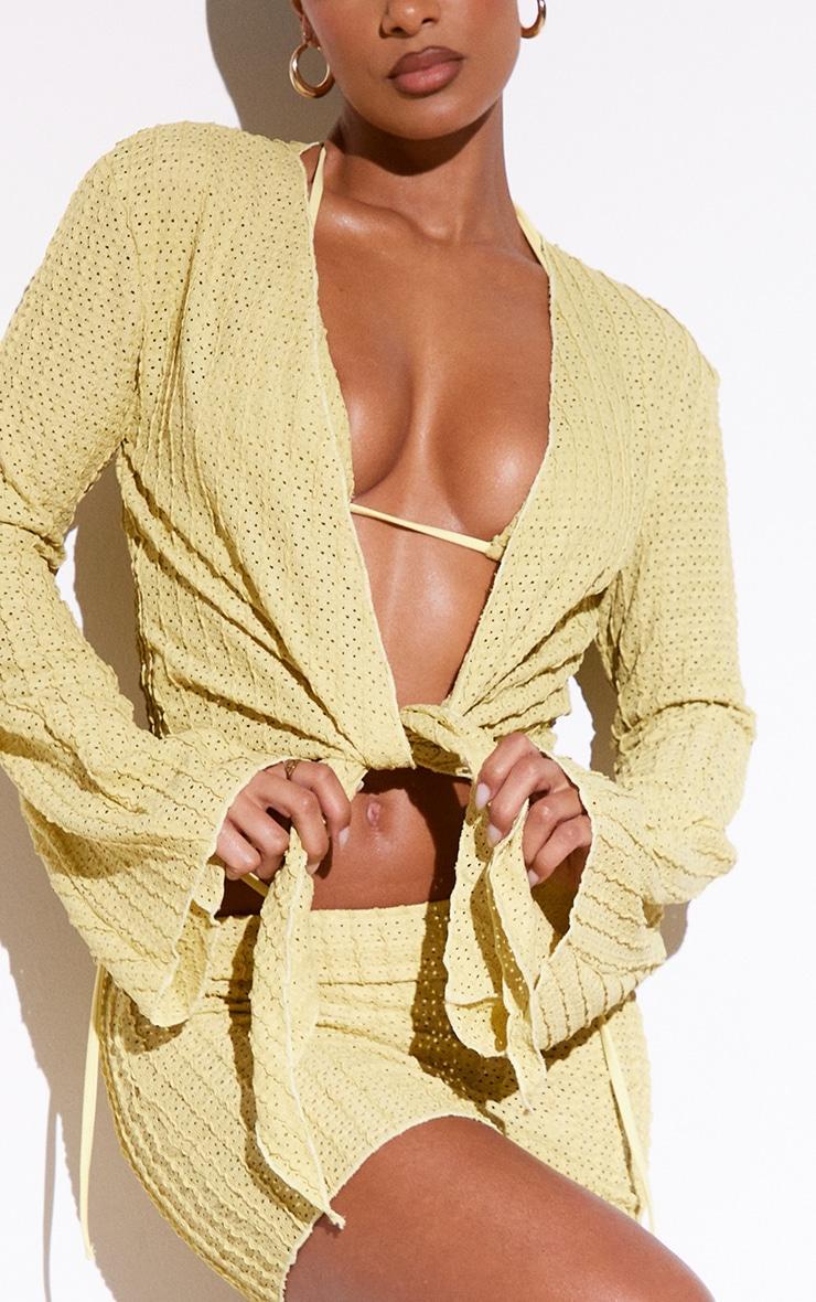 Dark Yellow Textured Crochet Bell Sleeve Tie Front Shirt Product Image