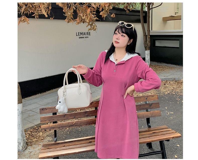 Plus Size Long-Sleeve Two Tone Lace Trim Hoodie Dress Product Image