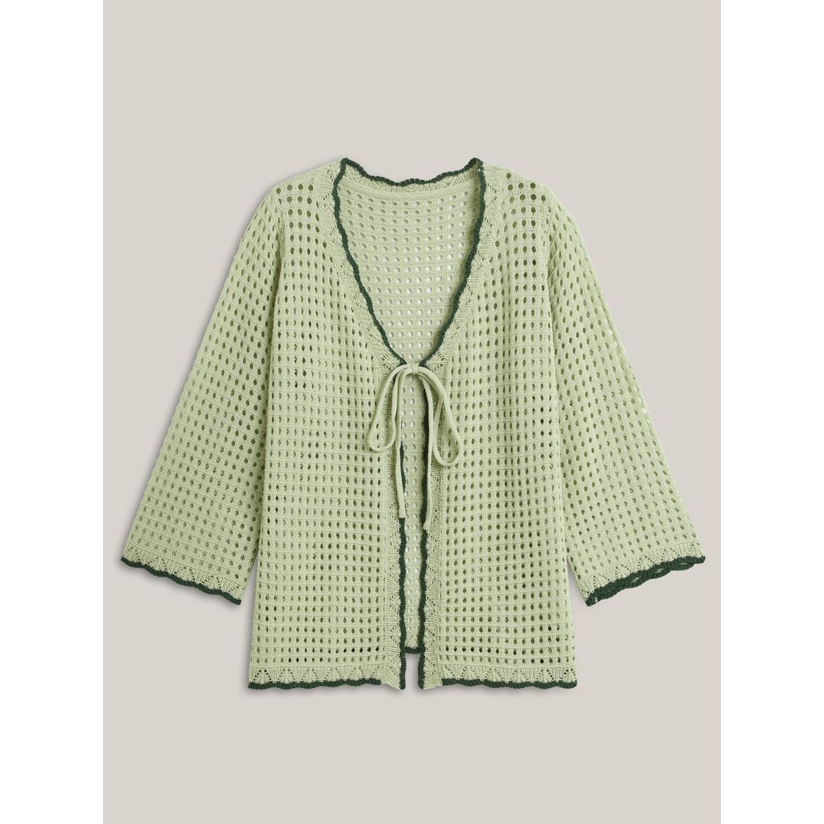 Plus Size Contrast Hem Front Mid Tie Knit Cardigan LightGreen Women Casual Loose Long Sleeve Everyday-Casual Cardigans BloomChic 26/4X Product Image