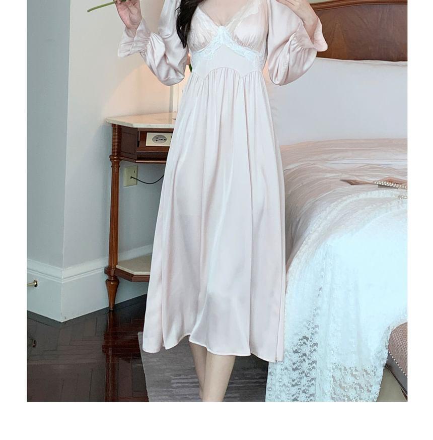 Puff-Sleeve Plain Lace Trim Pajama Dress Product Image