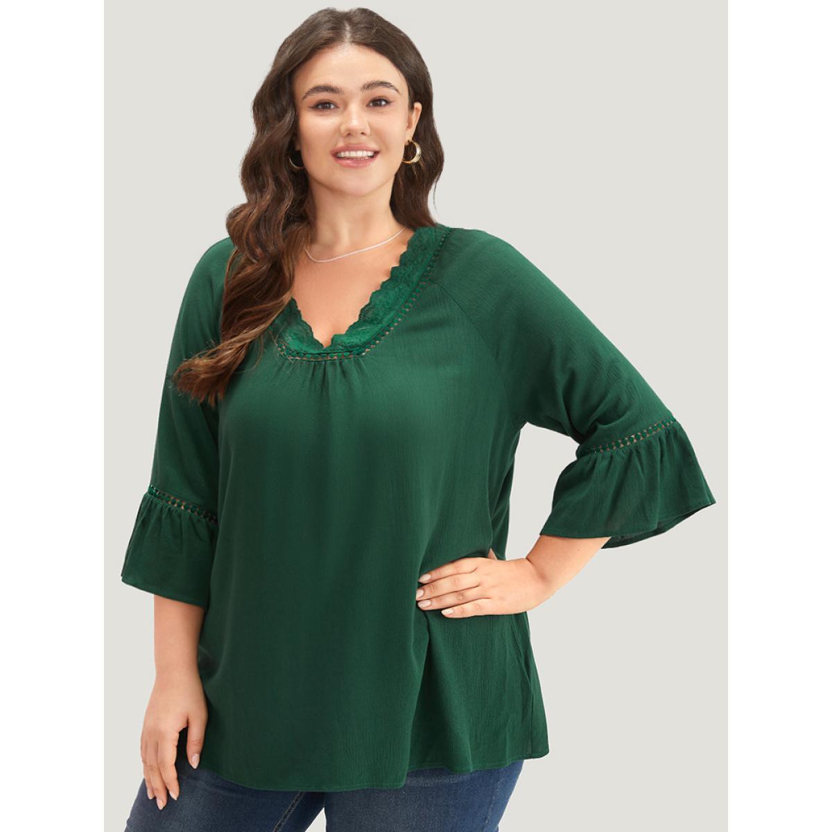 Plus Size Emerald Lace Panel Hollow Out Bell Sleeve Blouse Women Elegant Elbow-length sleeve V-neck Everyday Blouses BloomChic 28/5X Product Image