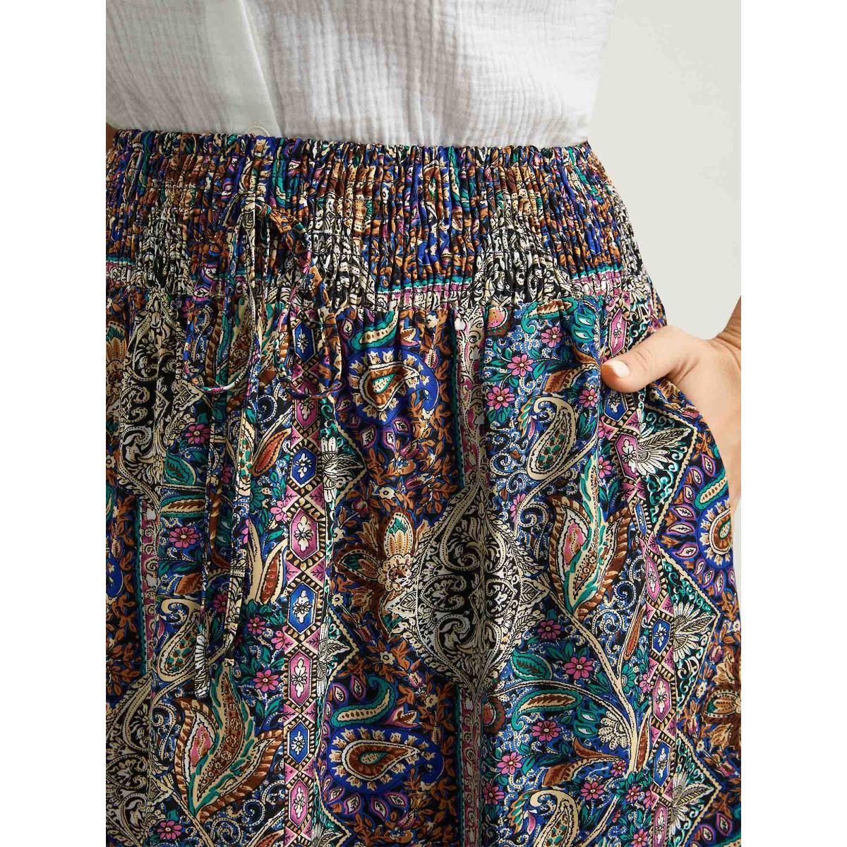 Plus Size Boho Print Shirred Waist Midi Skirt Women Multicolor Elegant Tie knot Loose No stretch Side seam pocket Everyday Skirts BloomChic 28/5X Product Image