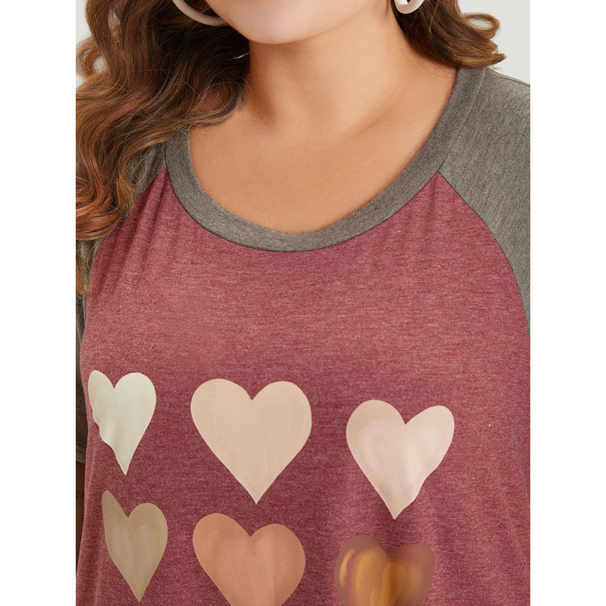 Plus Size Supersoft Essentials Heart Print Round Neck Raglan Sleeve Dress Burgundy Women Casual Printed Curvy Midi Dress BloomChic 12/L Product Image