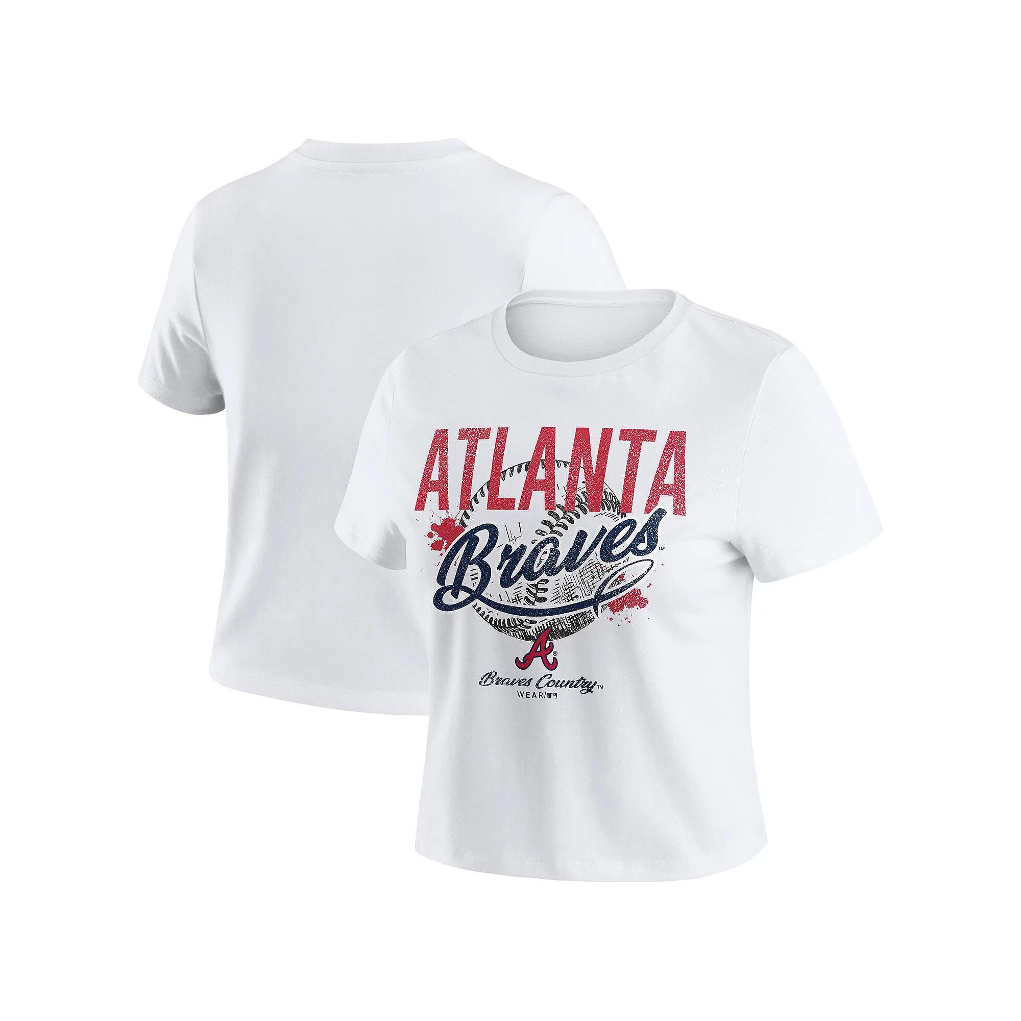 Women's WEAR by Erin Andrews  White Atlanta Braves Distressed Cropped Baby T-Shirt, Size: XL Product Image