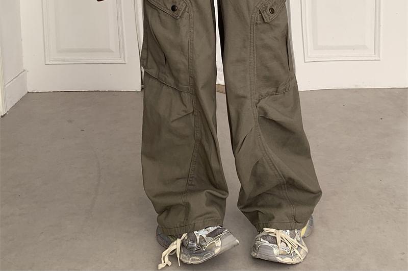 Mid Waist Plain Ruched Wide Leg Cargo Jeans Product Image