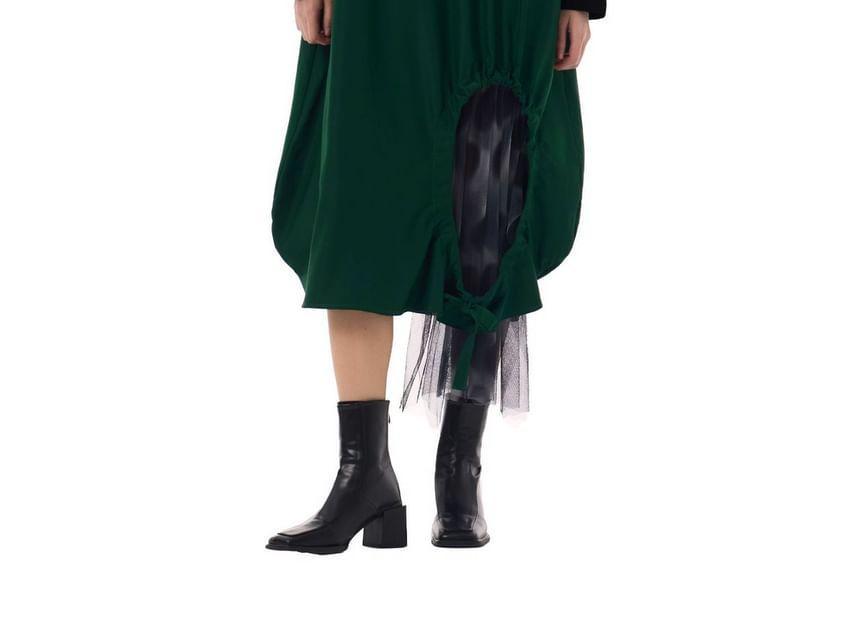Long-Sleeve Round Neck Color Block Mesh Panel Midi T-Shirt Dress Product Image