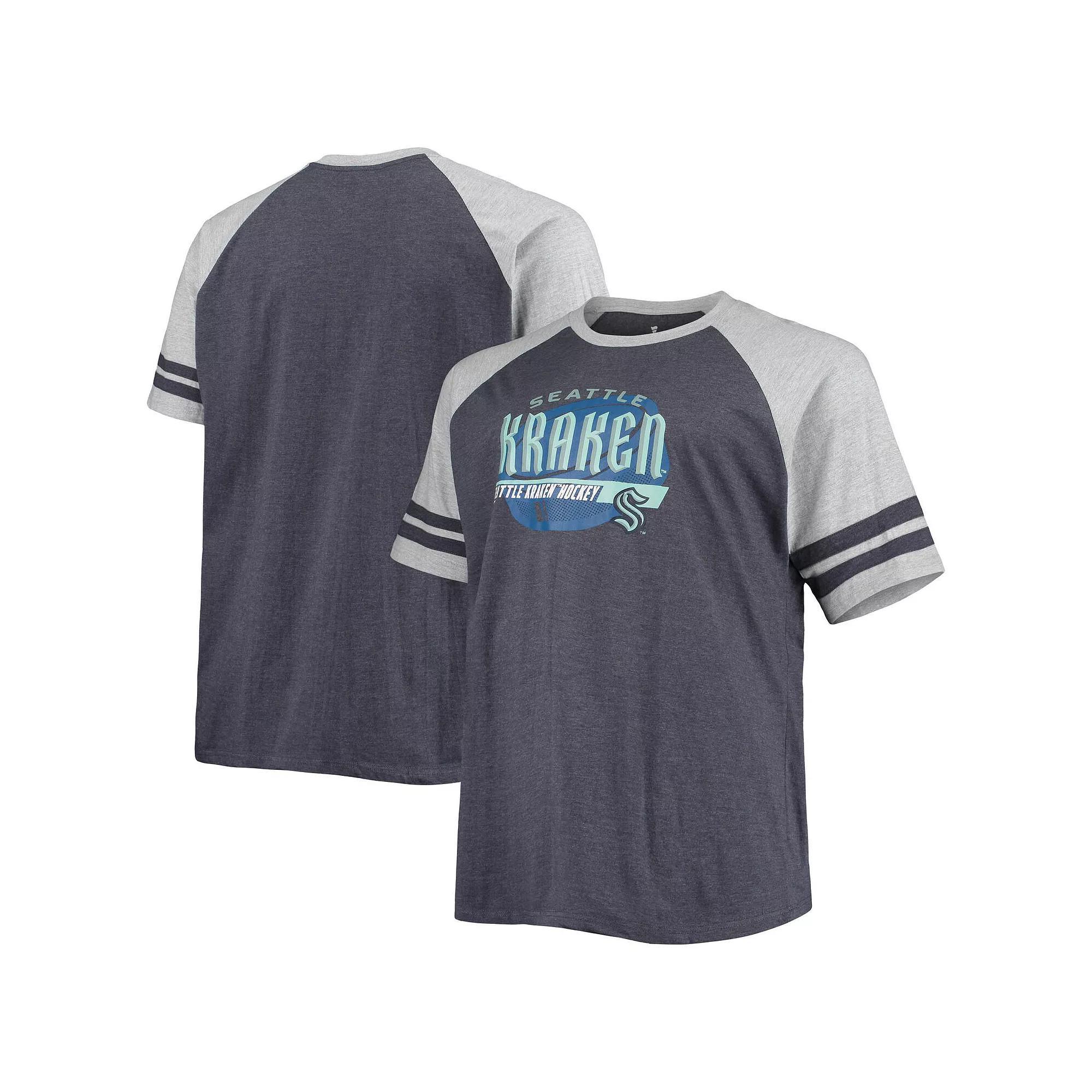 Men's Heathered Deep Sea Blue Seattle Kraken Big & Tall Raglan T-Shirt, Size: 2XLT, Krk Blue Product Image