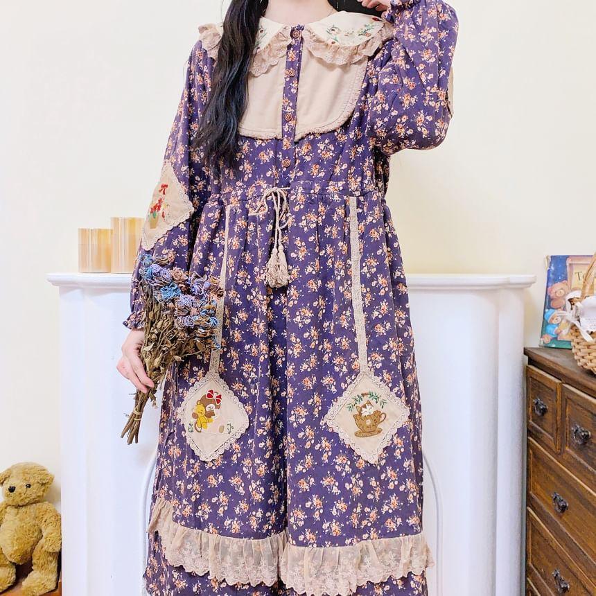 Long-Sleeve Collar Floral Embroidered Patchwork Lace Trim Midi A-Line Dress Product Image