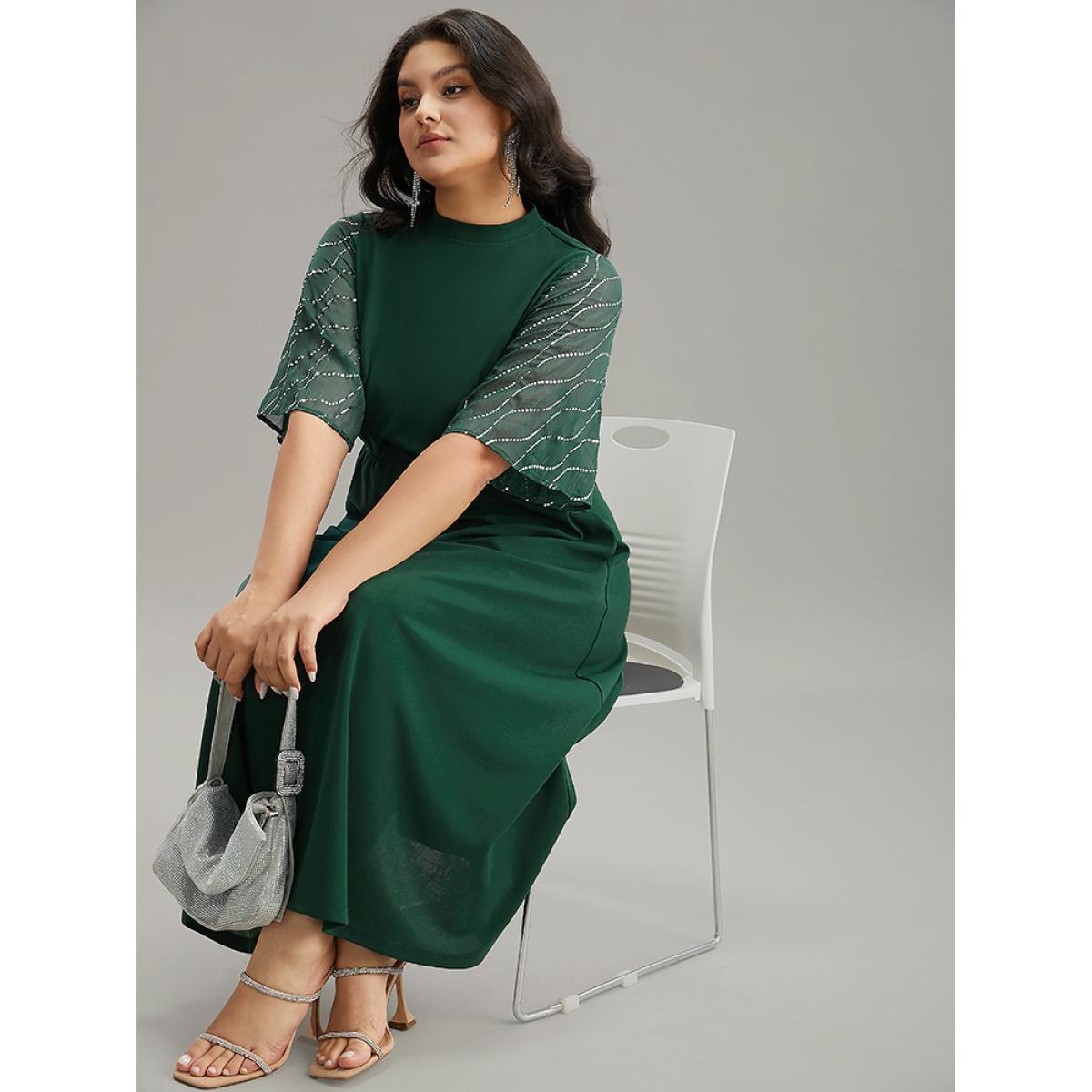 Plus Size Plain Mesh Sequin Patchwork Ruffle Sleeve Dress DarkGreen Women Party Sequin Stand-up collar Short sleeve Curvy Midi Dress BloomChic 18-20/2X Product Image