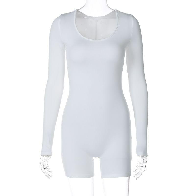 Long-Sleeve Scoop Neck Plain Romper Product Image