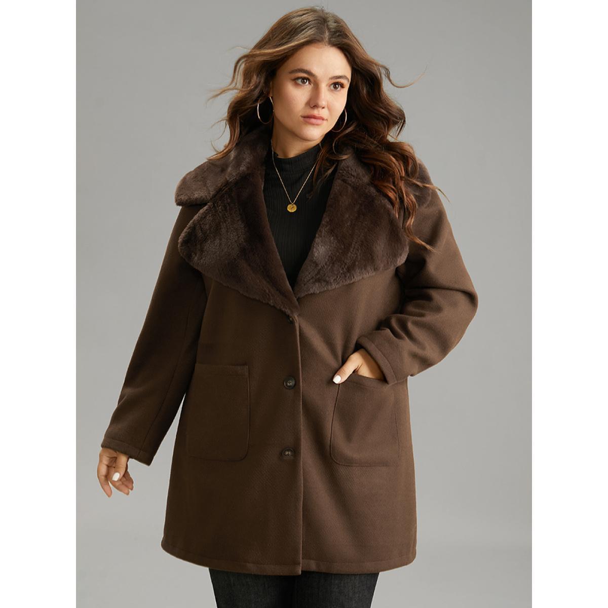 Plus Size Plain Lapel Collar Fuzzy Trim Patchwork Button Up Coat Women DarkBrown Casual Lined Ladies Dailywear Winter Coats BloomChic 26/4X Product Image