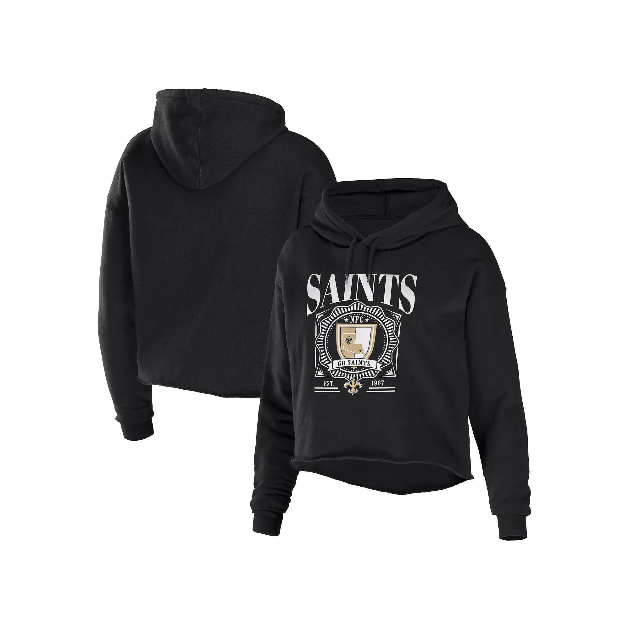 Women's WEAR by Erin Andrews Black New Orleans Saints Cropped Sponge Fleece Pullover Hoodie, Size: Medium Product Image