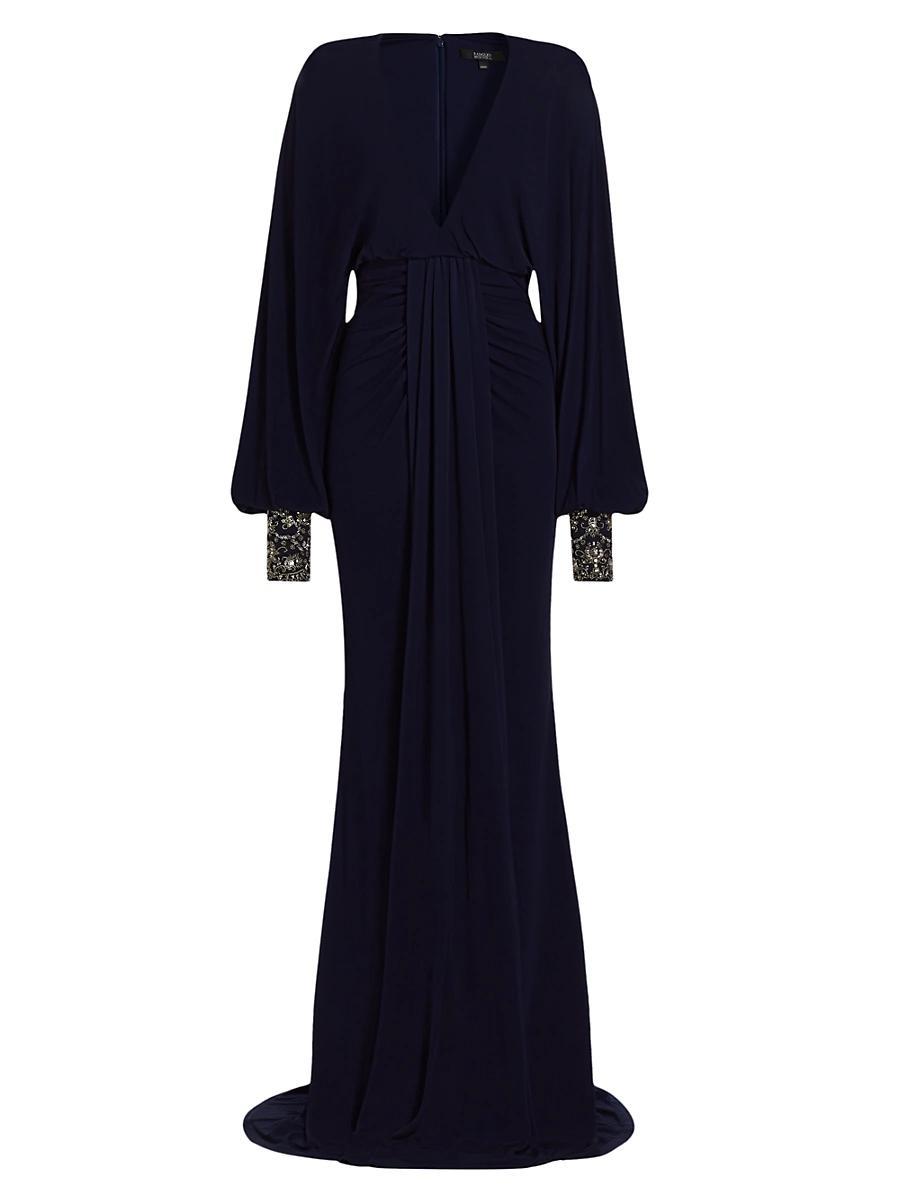 Womens V-Neck Draped Beaded Gown Product Image