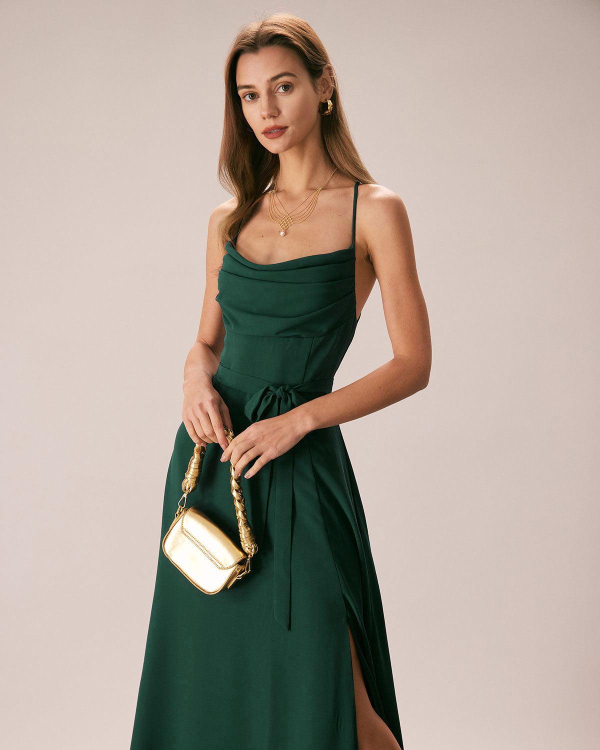 Green Cowl Neck Cutout Back Maxi Dress Product Image