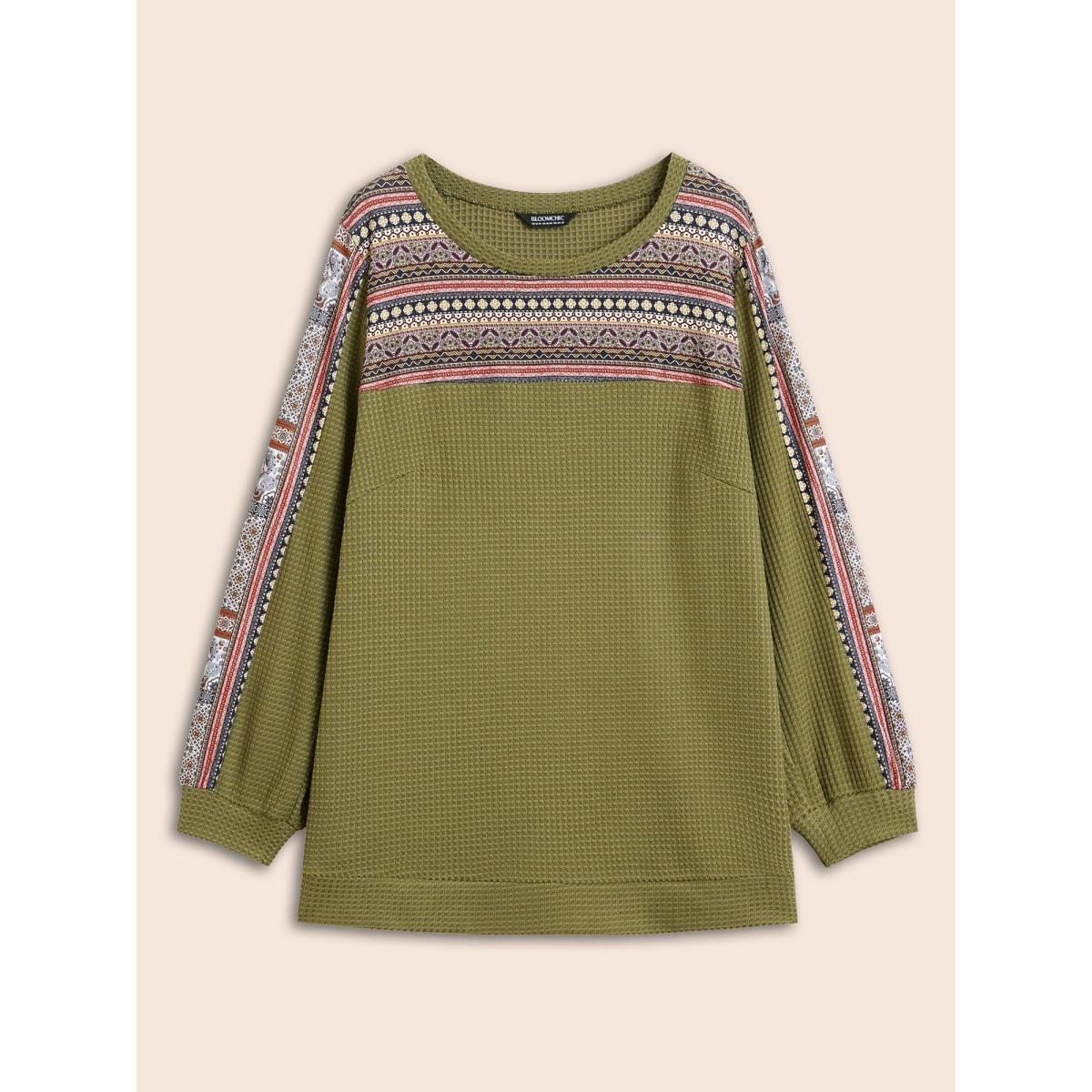 Plus Size Boho Print Patchwork Waffle Knit Crew Neck Sweatshirt Women ArmyGreen Casual Elastic cuffs Round Neck Dailywear Sweatshirts BloomChic 30/6X Product Image
