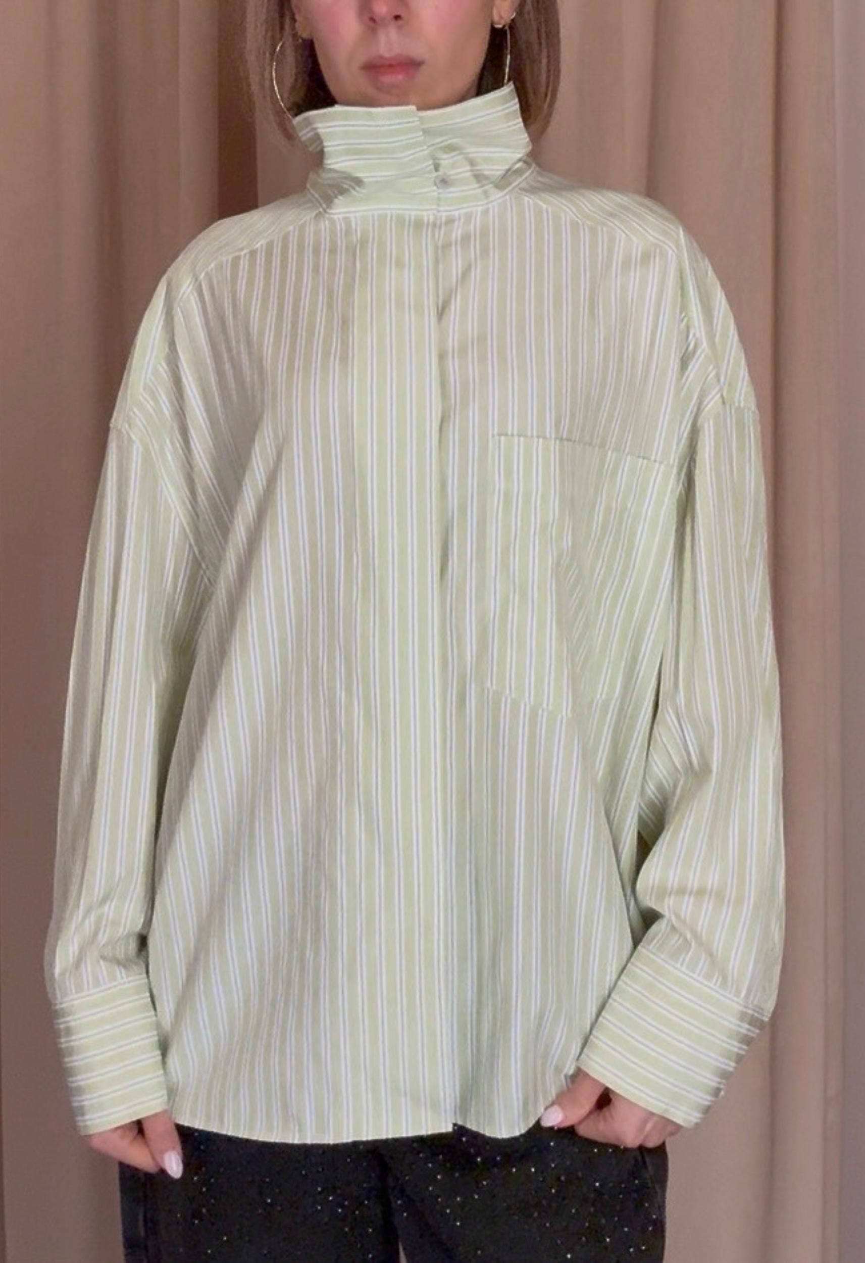 High Collar Button Down in Green Stripe Product Image
