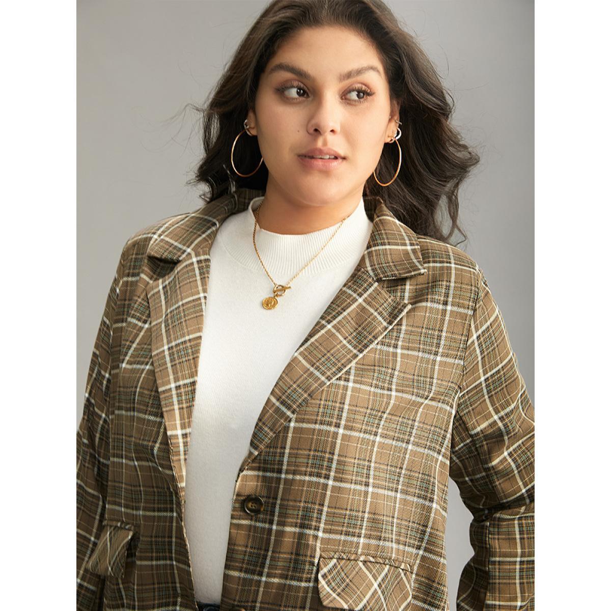 Plus Size Plaid Flap Pocket Button Through Blazer Bronze Women Work Plaid Contrast Sleeve Long Sleeve Lapel Collar 22-24/3X Pocket Office Blazers BloomChic Product Image