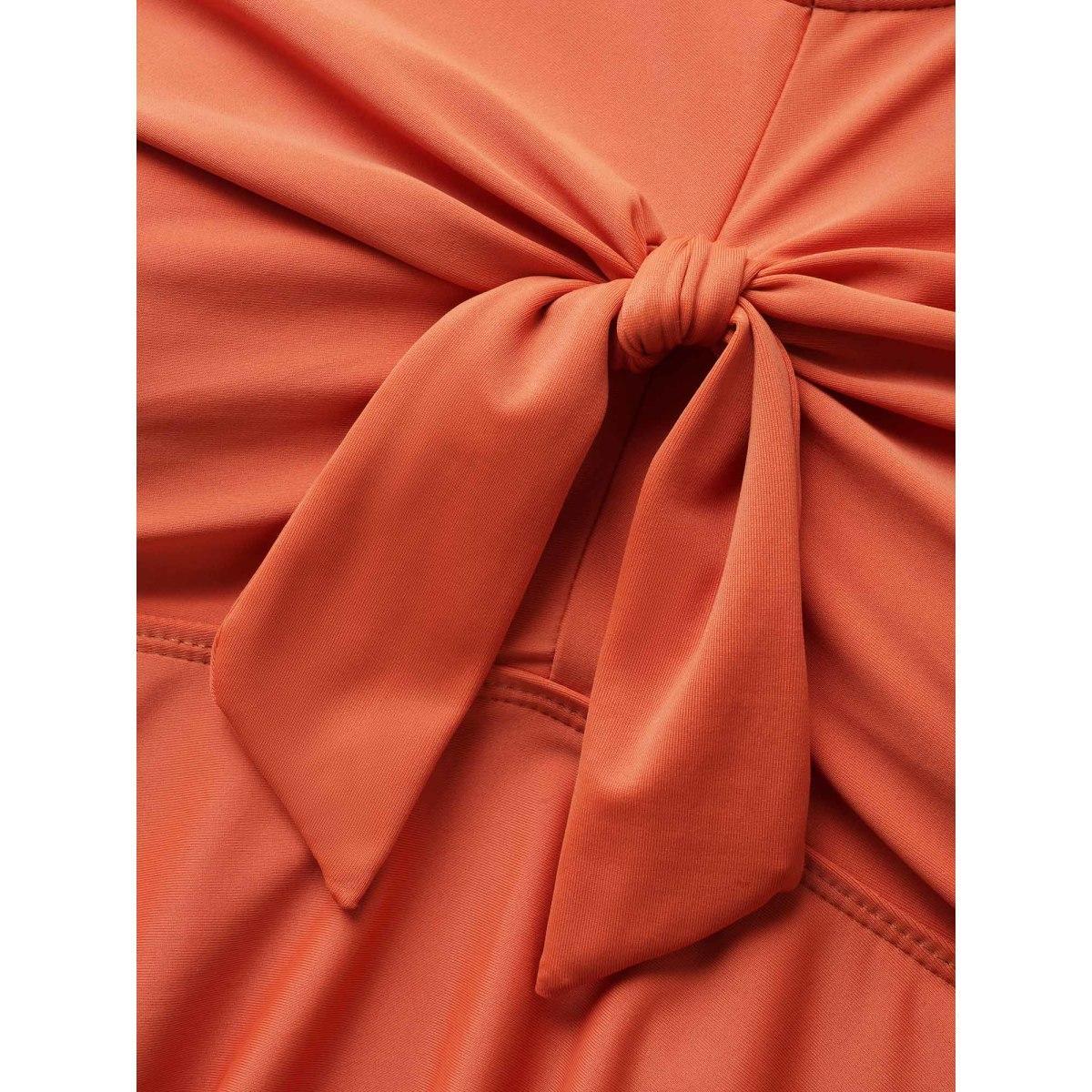 Plus Size V Neck Solid Tie knot Gathered Swim Top Women's Swimwear OrangeRed Beach Tie knot High stretch Bodycon V-neck Curve Swim Tops BloomChic 12/L Product Image
