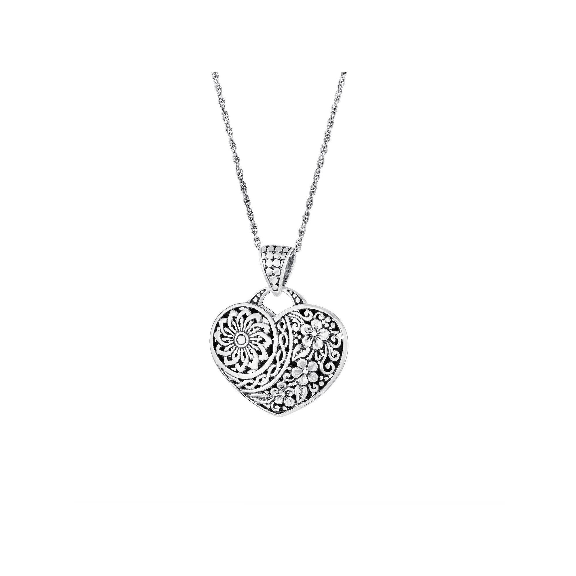 Athra NJ Inc Sterling Silver Oxidized Filigree Flower Heart Pendant, Womens Product Image