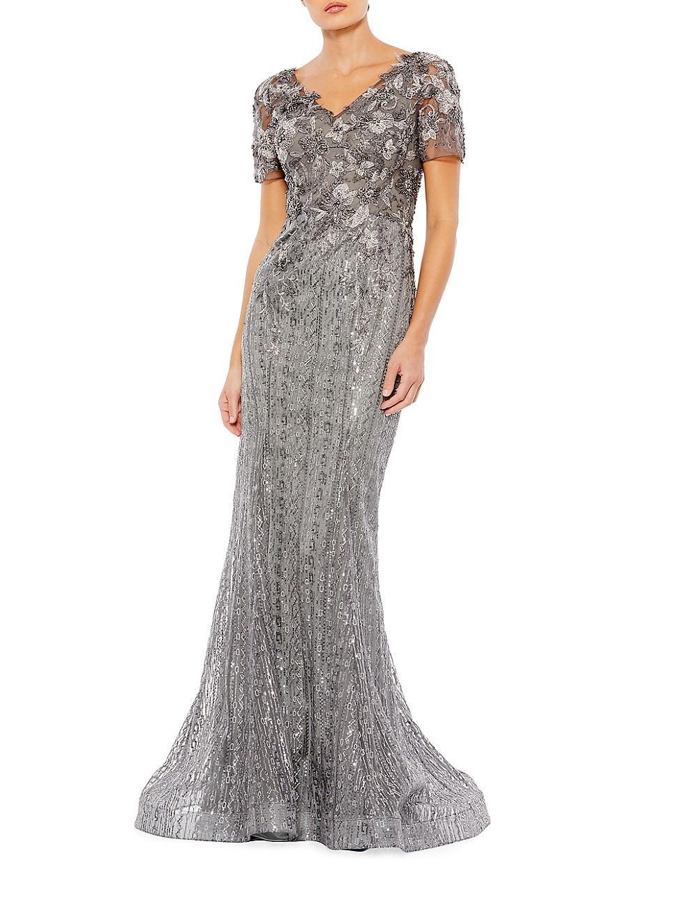 Womens Embellished V-Neck Cap-Sleeve Trumpet Gown Product Image