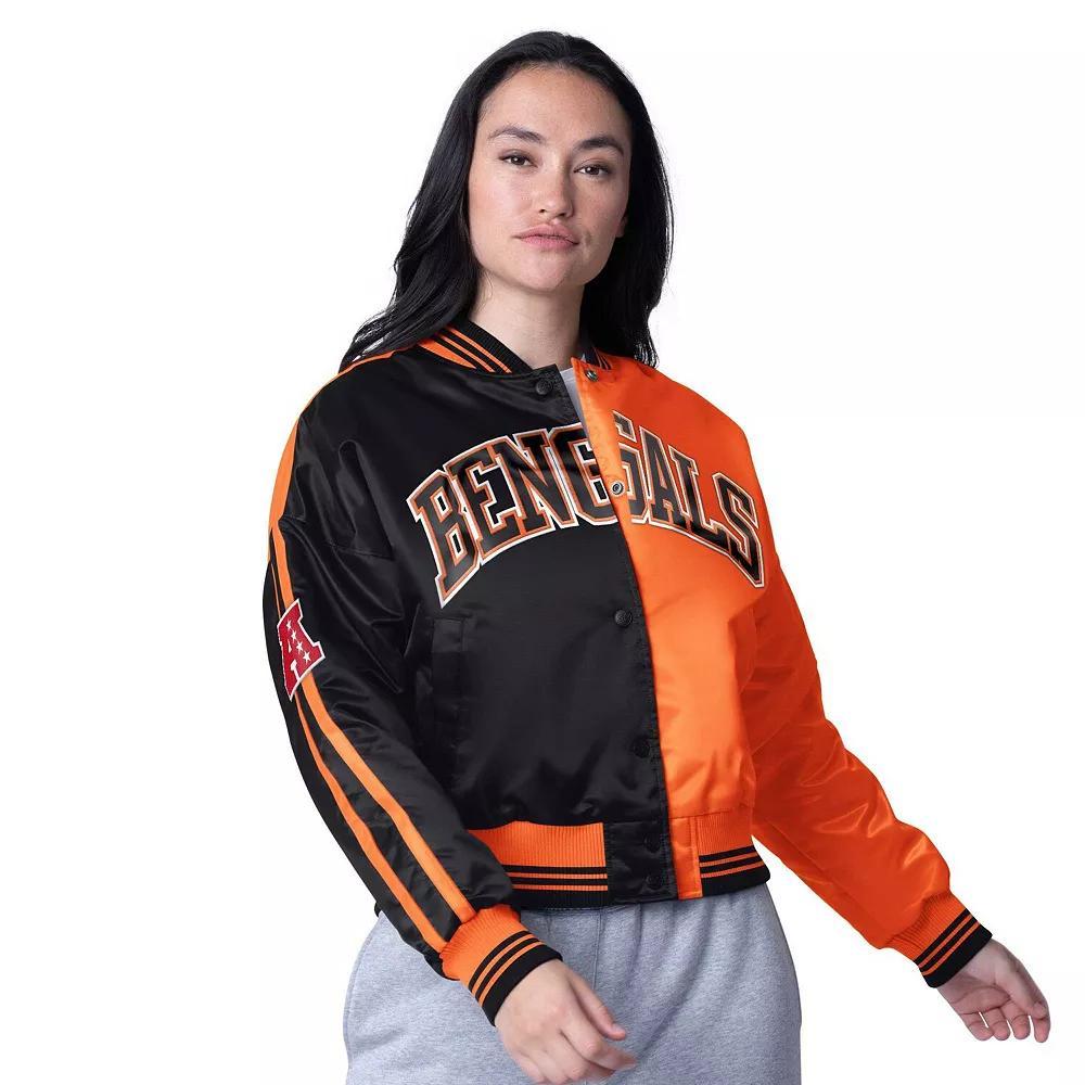 Women's Starter  Black/Orange Cincinnati Bengals Zone Blitz Cropped Full-Snap Satin Jacket, Size: Small Product Image