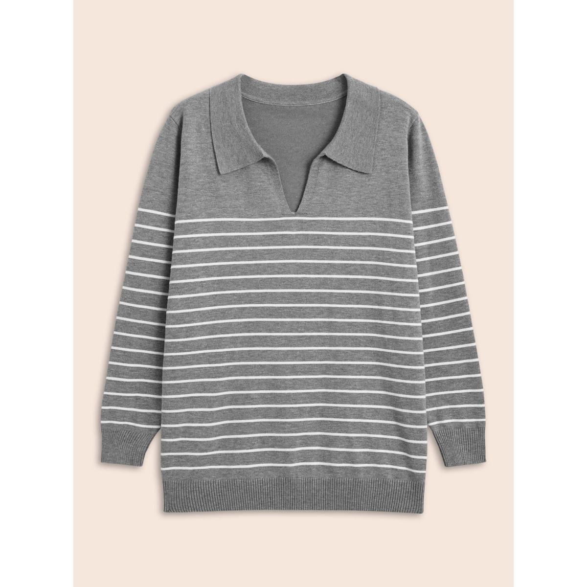 Plus Size Supersoft Essentials Striped Knit Pullover Mediumgray Women Workwear Essentials Three Quater Length Sleeve Polo Work Pullovers BloomChic 30/6X Product Image